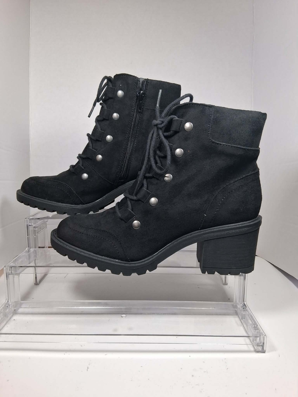 Mysoft Women's Black Suede Ankle Bootie Lace Up Zip Round Toe Rubber Sole 9